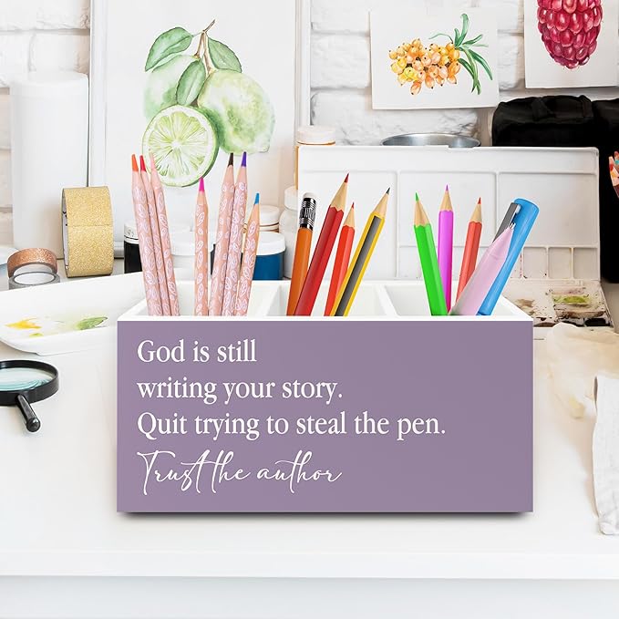 XPH Purple Christian Pen Pencil Holder Organizer for Desk, Christian Gifts for Women, God Is Still Writing Your Story Bible Verse Wooden Box Sign for Home Office Desk Tabletop Decorations
