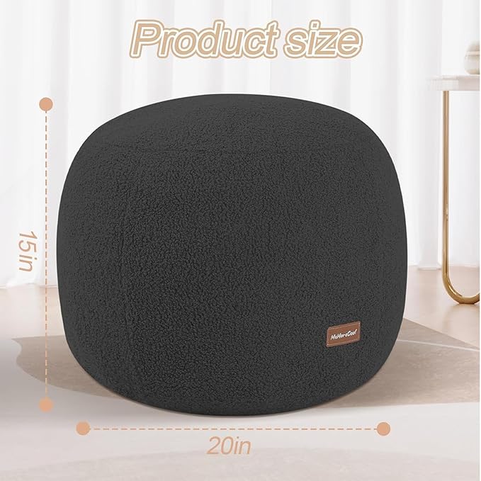 MeMoreCool Round Pouf Ottoman – 20x20x15 Inch Stuffed Footrest with Foam Filling, Dark Grey Small Circle Footstool for Living Room | Soft Teddy Fleece Cover | Washable Compact Floor Pouf