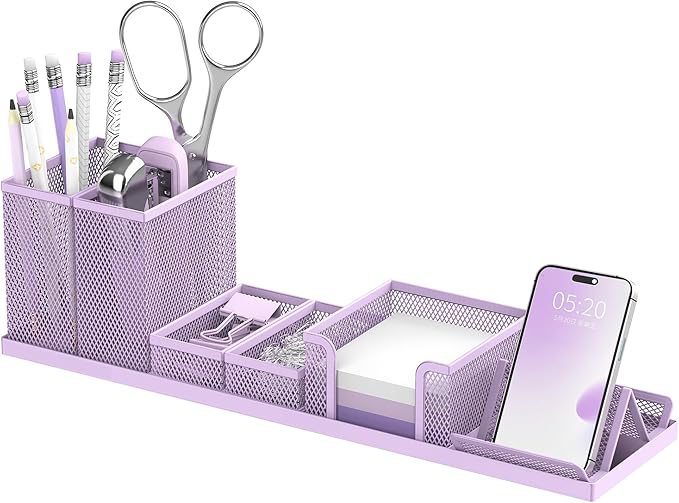 SUPEASY Pen Holder for Desk, 6 Piece Mesh Desk Organizer set for Office Organization with Mail Organizer, Letter Phone Holder, Sticky Notes Caddy Storage, Purple