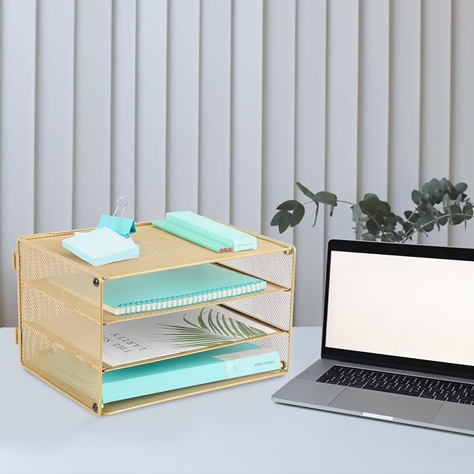 EASEPRES Paper Organizer Tray, 3 Tier Mesh Desk File Organizer Letter Sorter Holder for Home Office, Gold