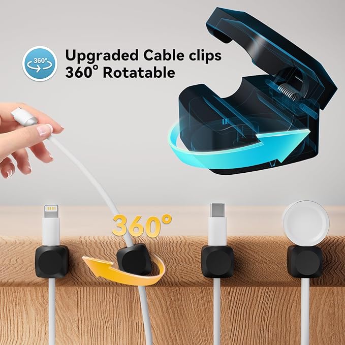 Lancord 8 Pack Cord Organizer Holder, Rotatable Cable Clips, Spring Cord Holder for Nightstand Adhesive Cable Organizer, Cable Management Clips Charging Cord Organizer for Desk Office Car Wall