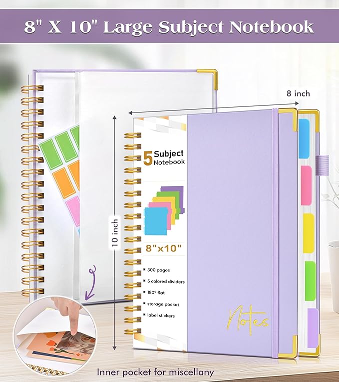 Spiral Notebook Journal with Removable Dividers Tabs, 300 Pages Hardcover Leather 5 Subject College Ruled Notebook, 8"x10" Large B5 Lined Journal for Women Men, Spiral Notebooks for Work School,Purple