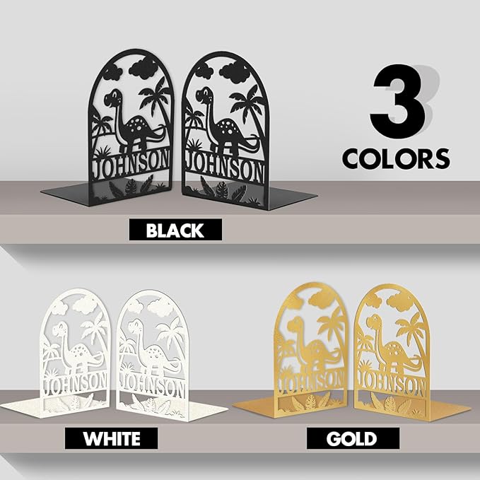 Personalized Name Book Ends Metal, Heavy Duty Bookends for Shelves Decorative, Dinosaur Non-Slip Book Stopper, Home Office Desk Modern Bookshelf Decor, Customized Gifts Color06