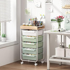 Rolling Storage Utility Cart With 5 Drawers,Craft Cart with Wheels,Makeup Organizer,Art Supply And Storage Wooden Tabletop,Green