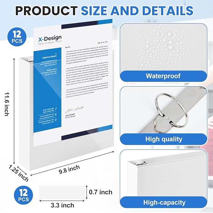 Henoyso 12 Pcs 3 Ring 1 Inch Binders Fits 8.5 x 11 Inch Letter Size Paper, Plastic White Flexible Binders with View Cover and 2 Pockets, 175 Sheets Capacity for Office School