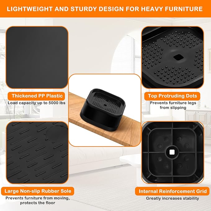 shouwuhho 8 Pack Furniture Risers Adjustable Bed Risers Heavy Duty Lifts Height 1", Square Stackable Bed Risers 1, 2 or 3 Inch for Desk Leg Table Couch Sofa Chair Bed Frame Legs Dorm, Black