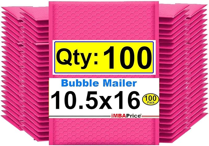 iMBAPrice 10.5x16 Inches Hot Pink Color Polybubble Bag, 100-Pack Large Size #5 Self Seal Poly Bubble Mailers Padded Packing Envelopes (Total 100 Bags)