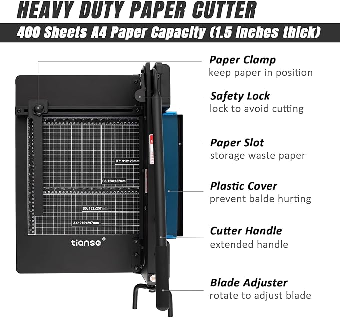 TIANSE Heavy Duty Guillotine Paper Cutter A4 12" Guillotine Paper Cutter 400 Sheet Capacity Solid Steel Construction with Double Safety Protection Perfect for Trimming Paper Cardstock Matboard Black