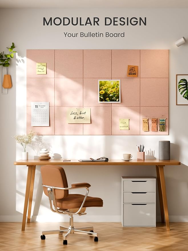 Bumusty Large Cork Board 36"x24" Alternative - 6 Pack Felt Wall Tiles with 40 Safe Removable Adhesive Tabs, 30 Pushpins, Cork Boards for Walls Pin Board Bulletin Board Office Decor (Pink)