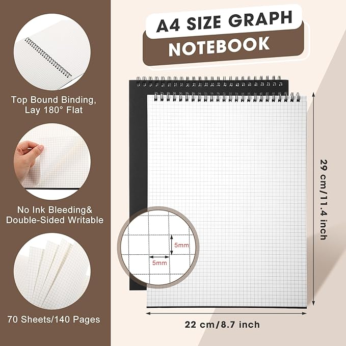 Engrowtic 2 Pack Top Spiral Graph Paper Notebooks 8.7 X11.4 Inch A4 Grid Paper Notepad 70 Sheet Memo Steno Pad for Engineering Writing Sketching Drawing School Office Supplies (Black)
