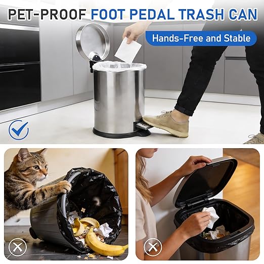SIMPLYKLEEN Bathroom Trash Can with Lid - 2PC Oval Small Trash Can with Soft-Close Lid, Foot Pedal, Brushed Stainless Steel, Removable Liner, Garbage can for Kitchen, Office, Home Silver