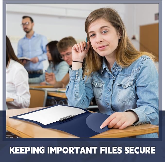 Teling 12 Pack Punchless Clamp Binder Folder 8.5 x 11 Inch Ringless Binder Holds with Pocket, Flexible Metal Clip and Poly Covers, 100 Letter Size Pages, for Work, School(Navy Blue)