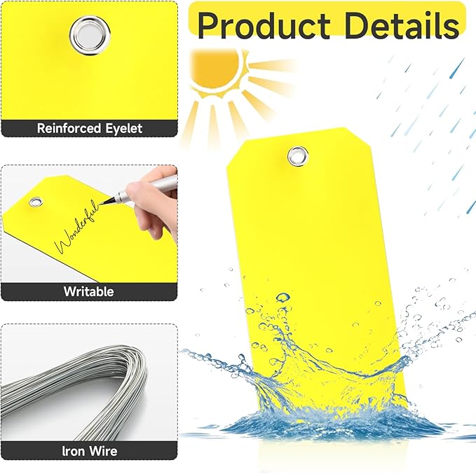 500 Pieces Plastic Shipping Tags with Wire Waterproof Hang Tags Heavy Duty Labeling Tags with String Wires Tags Labels Labeling Tags Stacking Tags for Equipment Car Parts (Yellow, 3x6)