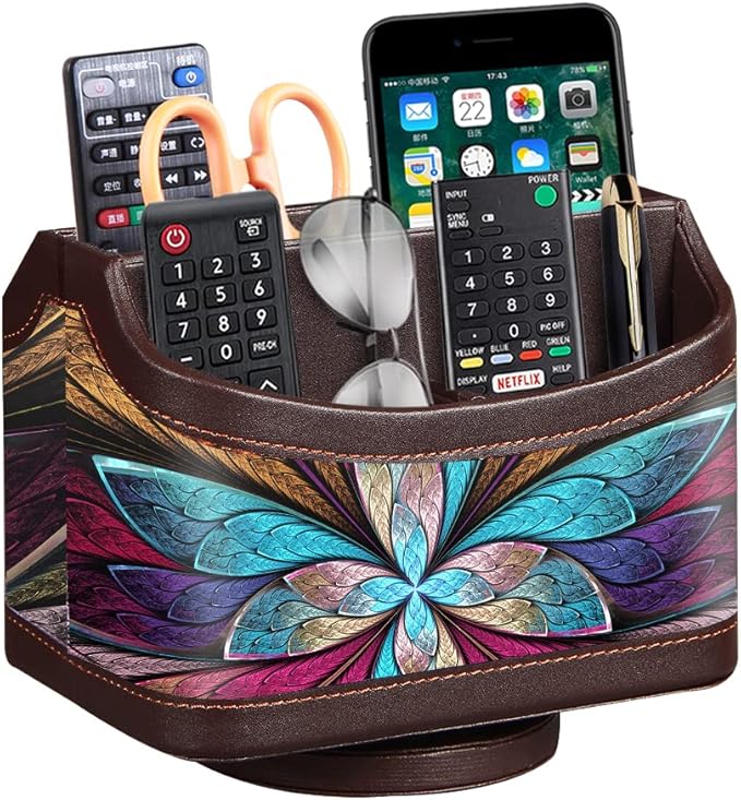 PUSU 360°Rotatable Remote Control Holder, PU Leather TV Remote Holder Caddy for Table, Bright and Colorful Art Supply Organizer Pen Holder, Multi-Functional Desk Organizer Living Room Office Decor