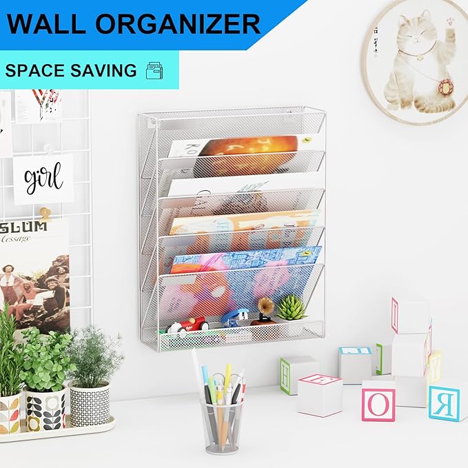 GDINDINFAN Wall File Organizer Holder Mesh Hanging Paper Document Holder, Vertical 6 Pocket Tier for Office Home, Silver
