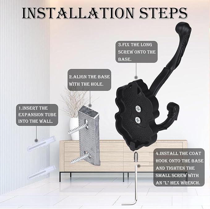 4 Pcs Black Coat Hooks Wall Mount, Matte Metal Hat Hooks for Entryway, Cubicle, Mudroom, Bathroom, Heavy Duty Vintage Decorative Wall Hooks for Towel, Key, Robe, Backpack, Purse, Bag, Clothes, Jacket