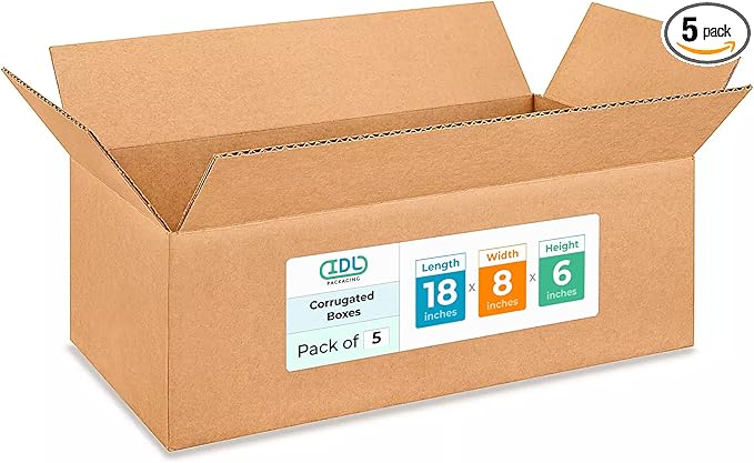 Medium Shipping & Moving Boxes 18 x 8 x 6 inches (5-Pack) - Extra Strength 200 lb vs Regular - Corrugated Packing Boxes for USPS/UPS/FEDEX - Moving Cardboard Box - Corrugated Box by IDL Packaging