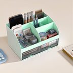 COMFYROOM Desk Organizer with 6 Compartments and 2 Drawers, Plastic Makeup Organizer, Pen Holder for Desktop Storage, Desk Organization for School, Home, Office Supplies (Mint Green)