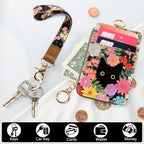 bolimoss Black Cat Flower Lanyard Wallet,Pu Leather Women Zid ID Case with Lanyards,Cute Neck & Wrist Lanyard Keychain for Women, Teacher, Nurse, Office Name Tag Badge Holder ID Card Holder