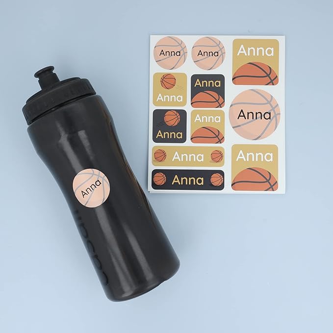 Large Name Labels for Kids (33) - Custom Stickers for Daycare and School Supplies - Durable, Waterproof Stickers for Water Bottles, Lunch Boxes, and More with Unique Designs - Basketball