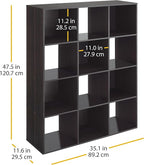 Whitmor 12 Cube Bookcase, 4 Tier Stackable MDF Bookself, Open Storage Display Organizer, Storage Cabinet for Living Room, Bedroom, Home, Office, 35.1" L x 11.7" W x 47.5" H, Espresso