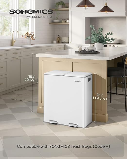 SONGMICS Trash Can, 2 x 8 Gallon (2 x 30 L) Double Garbage Can with Soft-Close Lids, Removable Inner Buckets, Pedals, Stainless Steel, for Waste and Recycling, Cloud White ULTB743W01