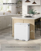SONGMICS Trash Can, 2 x 8 Gallon (2 x 30 L) Double Garbage Can with Soft-Close Lids, Removable Inner Buckets, Pedals, Stainless Steel, for Waste and Recycling, Cloud White ULTB743W01