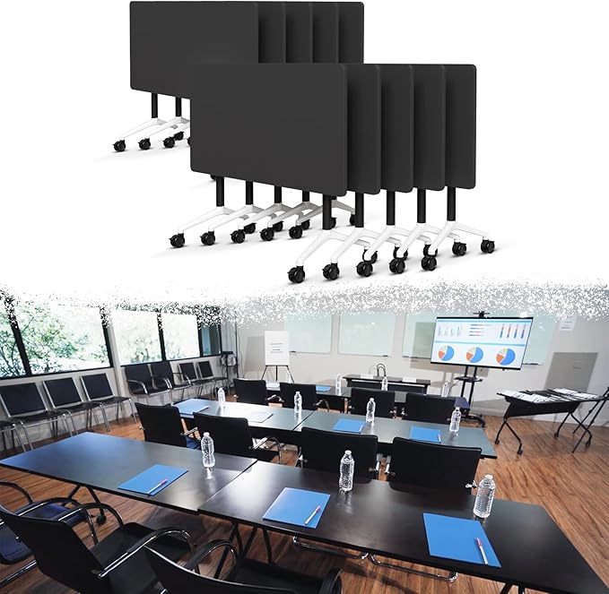 Goakwwuz Conference Room Table, Folding Conference Tables,Thicken Grey Tabletop,Flip Top Wooden Seminar Meeting Room Table for Conference Room Offices (10, Black, 47.2“)