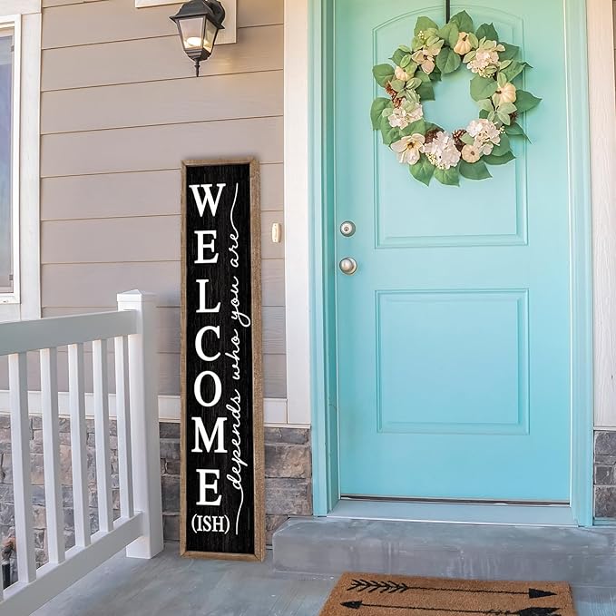 LuZhiQiang Welcome-ish Standing for Front Porch Sign 45"X9" Vertical Tall Long Leaner Outdoor Front Door Welcome Sign Wood Framed Decor (Wood Black)
