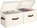 StorageWorks Fabric Storage Bins with Lid, Decorative Storage Boxes for Shelves, Stackable Closet Organizer Basket with Handles, Large, Ivory White, 2-Pack