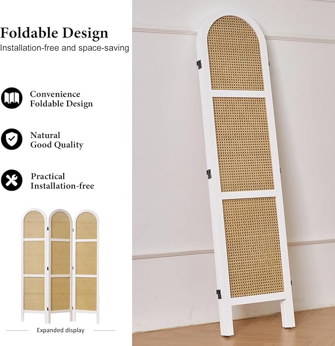 Svimi Room Dividers and Folding Privacy Screens, Pine Wood 5.6 Ft Double Hinged Rattan Partition Freestanding Wall Room Divider for Home - 3 Panels (White)