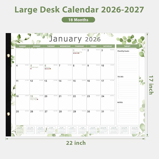 2026 Desk Calendar, Large Desk Calendar 22" x 17" (Jan 2026 - Jun 2027) Monthly Desktop Wall Planner for Family Teacher School Office Supplies, Leaf