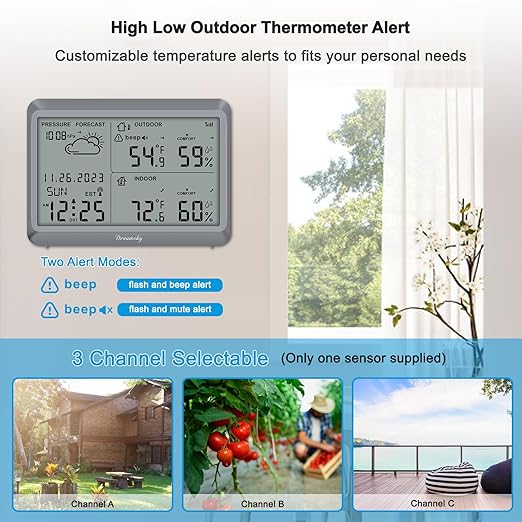 DreamSky Weather Station Indoor Outdoor Thermometer Wireless - Atomic Clock with Indoor/Outdoor Temp, Date & Day, Battery Powered, Home Weather Forecast Clock with Inside Outside Temperature Humidity