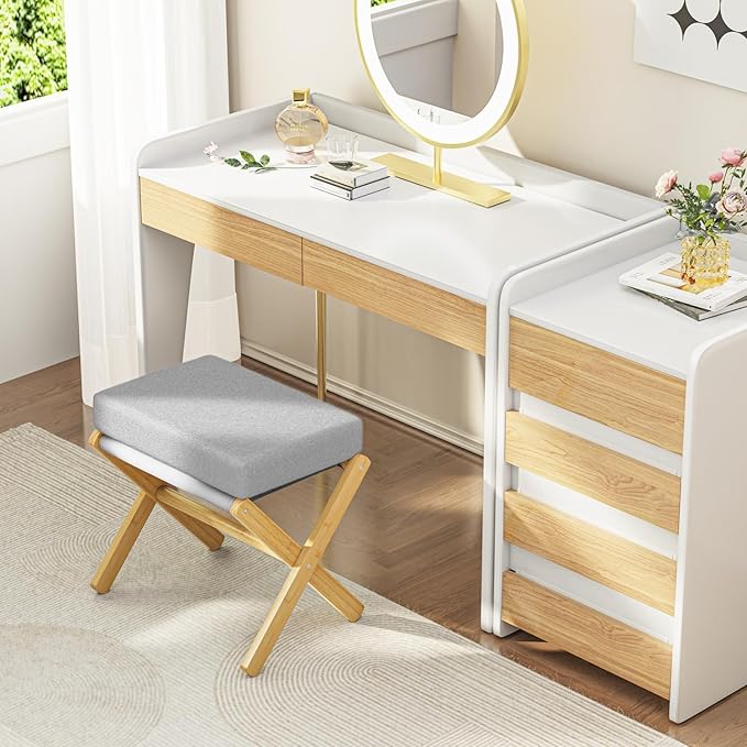BAMBOOHOMIE Foldable Foot Stool Ottoman, Modern Foot Rest with Bamboo X Legs & Thick Foam Cushion, Folding Foot Stools Small Padded for Bedroom Living Room, Footstool for Chair Couch (Natural - Grey)