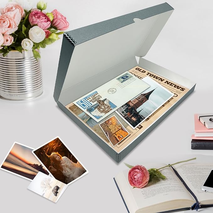 Lineco Folio Storage Box, Clamshell Design with Metal Edge. 11.5x17.5x1.75 Inches, Archival Boxboard, Preserve Photos, Cards, Magazines, Documents, Art, Ephemera, Family Records, Gray, Pack of 2