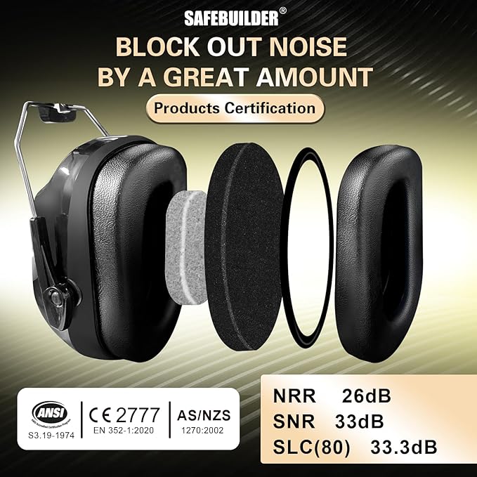 SAFEBUILDER Ear Muffs Noise Reduction SNR 33dB Adjustable Lightweight Safety Earmuffs Sound Proof Noise Cancelling ANSI
