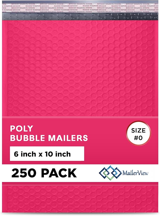 Fuchsia Small Poly Bubble Mailers 6x10 inch #0 | Self Seal Padded Envelopes | Cushioned Bubble Mailer | Usable Size 6x9 | WaterProof | Lightweight mailing Shipping Bags | 250 Pack Bulk | Made in USA