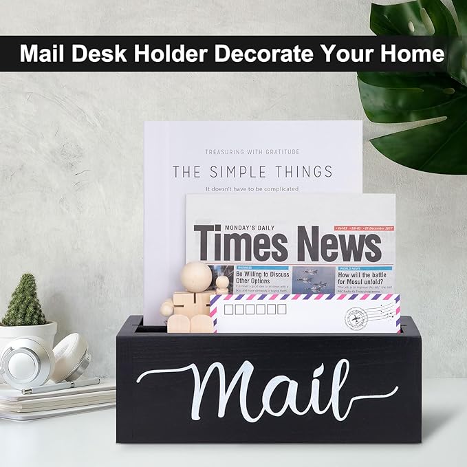 Lucundm Desk Mail Organizer, Mail Organizer Countertop, Wood Desk Mail Storage Box, Envelop Holder for Home Office (Black-2 slot)