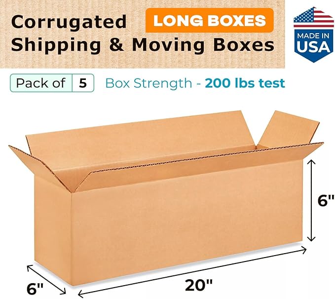 Long Shipping & Moving Boxes 20 x 6 x 6 inches (5-Pack) - Extra Strength 200 lb vs Regular - Corrugated Shipping Boxes for USPS/UPS/FEDEX - Heavy-Duty Cardboard Box by IDL Packaging