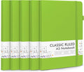feela 5 Pack Notebooks Journals Bulk, Hardcover Notebook Classic Ruled Lined Journals with Pen Holder for Women Girls School Business Supplies, with 5 Black Pens, 120 GSM, 5.1”x8.3”, A5, Green