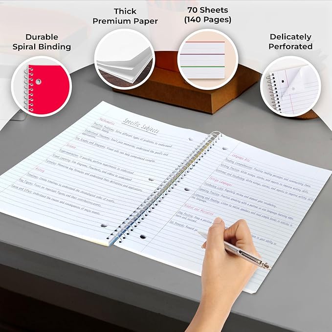 Rosmonde 50 Pack, 1 Subject Spiral Notebook College Ruled Bulk, 140 Pages (70 Sheets), Thick No-Bleed Paper, 8 x 10-1/2", 3 Hole Punched, College Ruled Notebook 1 Subject Bulk, Subject Notebook