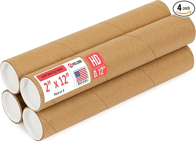 Paclord 2" x 12" Heavy-Duty Reinforced Cardboard Mailing Tube, Pack of 4 Tubes with 8 Caps – Secure USPS Approved – Great for Shipping and Storing of Prints, Artwork, Posters or Documents