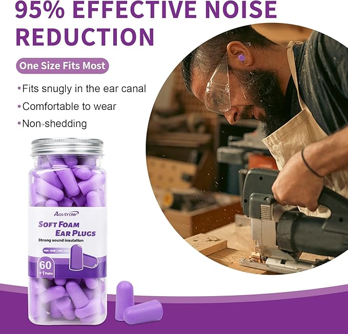 Aoutrow 60 Pairs Soft Foam Ear Plugs, 38dB SNR Slow Rebound Ear Plugs for Sleeping Noise Cancelling, Noise Reduction, Work, Swimming, Shooting, Studying, Purple