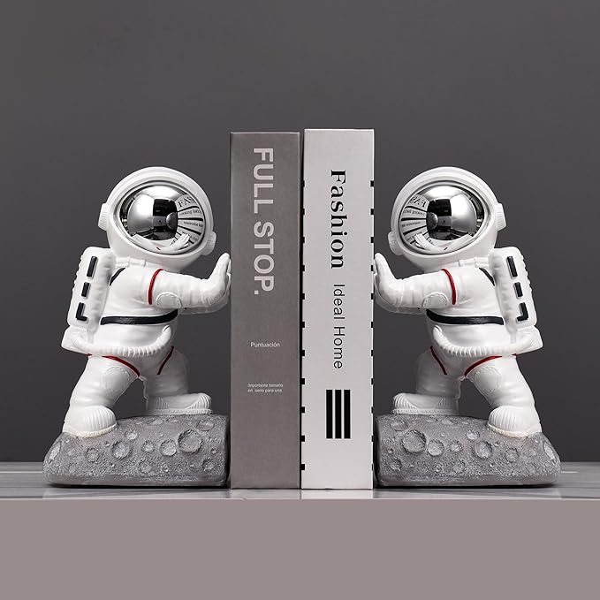 Kakizzy Space Theme Bookends - Astronaut Kids Book Stoppers, Heavy Duty Resin Bookends for Shelves (D-Silver Color)