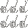 TOFIIGREM Brushed Nickel Wall Hooks, 6 Pack Coat Robe Hook Heavy Duty Metal Double Bath Hook Wall Mounted, Hand Towel Hooks for Cubicle Bathroom Kitchen Closet Garage