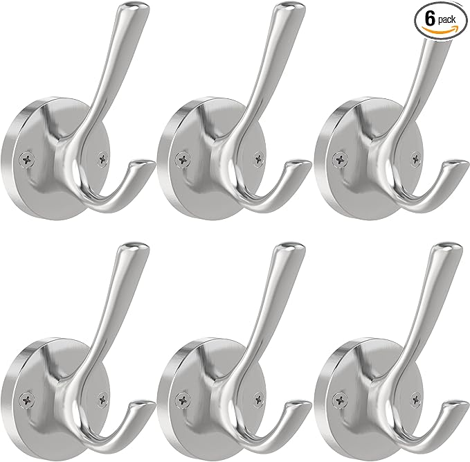 TOFIIGREM Brushed Nickel Wall Hooks, 6 Pack Coat Robe Hook Heavy Duty Metal Double Bath Hook Wall Mounted, Hand Towel Hooks for Cubicle Bathroom Kitchen Closet Garage