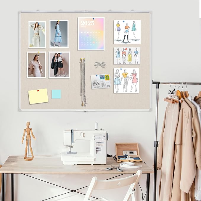 AMUSIGHT Double-Sided Large Cork Board with Linen, 60" x 40" Foldable Hanging Aluminum Framed Bulletin Board, Vision Board Pin Board Corkboards for Walls, Office, School Decor, 20 Pushpins