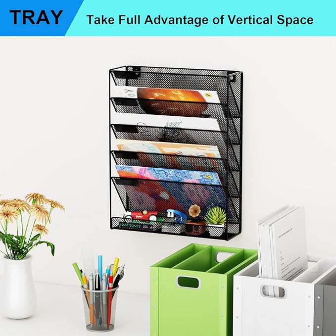 GDINDINFAN Wall File Organizer Holder Mesh Hanging Paper Document Holder,Vertical 6 Pocket Tier for Office Home, Black