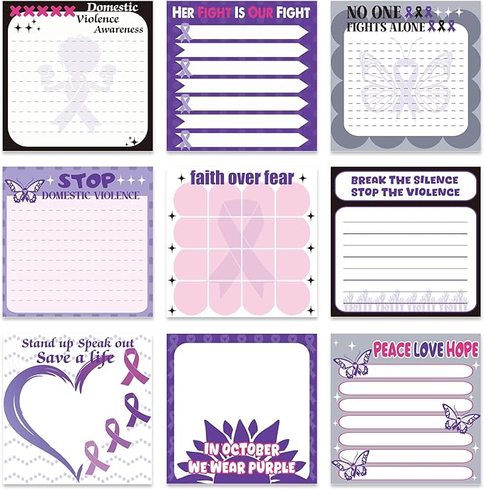 Lovarywow Domestic Violence Awareness Sticky Notes Gifts, 9 Pack Domestic Violence Prevention Month Notepads 3x3 Inch, Purple Ribbon Post Memo Pads Office School Supplies for Men Women (450 Sheets)