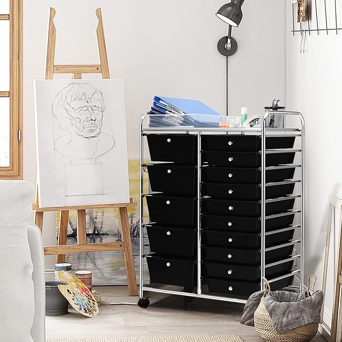 DORTALA 15-Drawer Rolling Storage Cart with Drawers, Rolling Utility Cart w/Removable Drawers & Universal Wheels, Tools Scrapbook Paper Organizer for School, Office, Home, Classroom (Black)